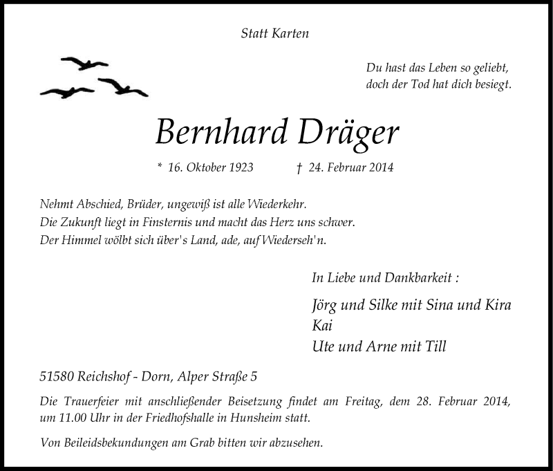  Traueranzeige für Bernhard Dräger vom 26.02.2014 aus Kölner Stadt-Anzeiger / Kölnische Rundschau / Express