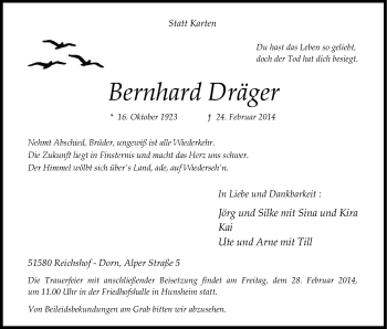Anzeige von Bernhard Dräger von Kölner Stadt-Anzeiger / Kölnische Rundschau / Express