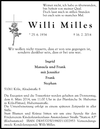 Anzeige von Willi Milles von Kölner Stadt-Anzeiger / Kölnische Rundschau / Express