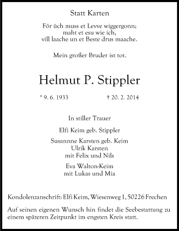Anzeige von Helmut P. Stippler von Kölner Stadt-Anzeiger / Kölnische Rundschau / Express