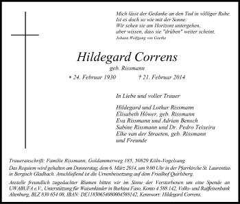 Anzeige von Hildegard Correns von Kölner Stadt-Anzeiger / Kölnische Rundschau / Express