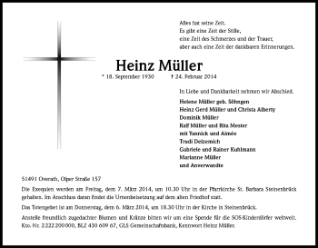 Anzeige von Heinz Müller von Kölner Stadt-Anzeiger / Kölnische Rundschau / Express