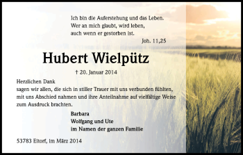 Anzeige von Hubert Wielpütz von Kölner Stadt-Anzeiger / Kölnische Rundschau / Express