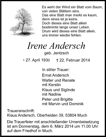 Anzeige von Irene Andersch von Kölner Stadt-Anzeiger / Kölnische Rundschau / Express