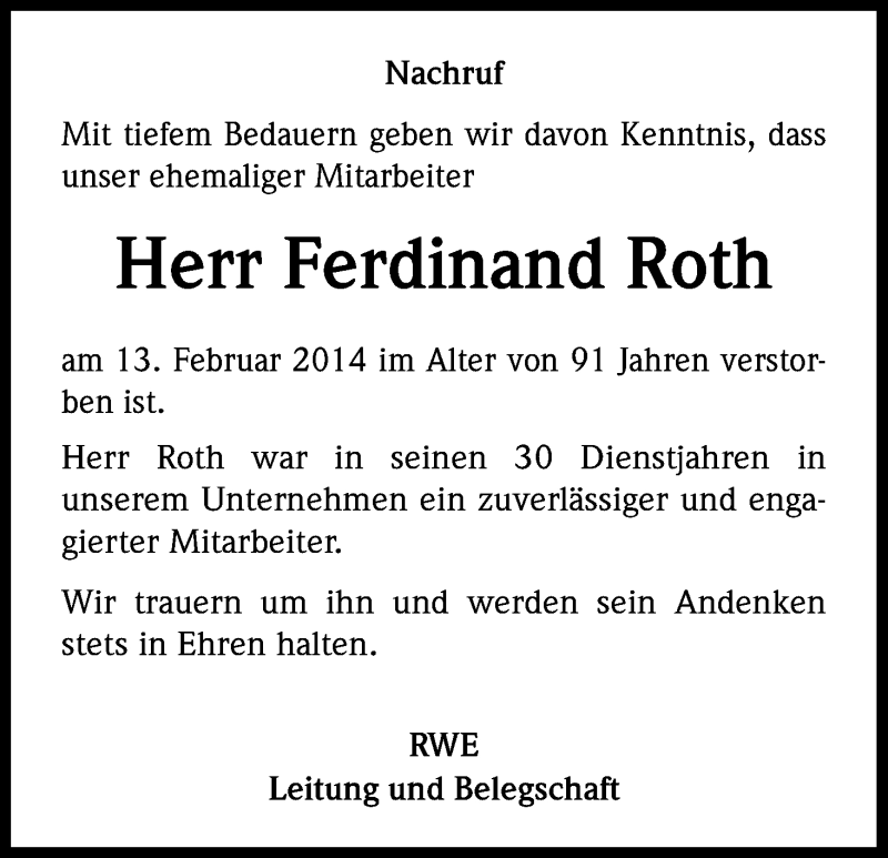  Traueranzeige für Ferdinand Roth vom 26.02.2014 aus Kölner Stadt-Anzeiger / Kölnische Rundschau / Express
