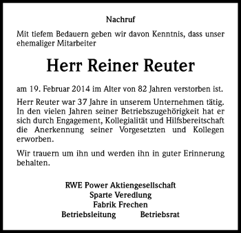 Anzeige von Reiner Reuter von Kölner Stadt-Anzeiger / Kölnische Rundschau / Express