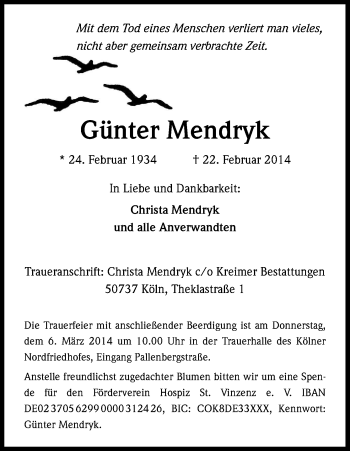 Anzeige von Günter Mendryk von Kölner Stadt-Anzeiger / Kölnische Rundschau / Express