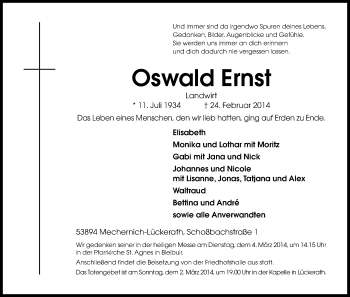 Anzeige von Oswald Ernst von Kölner Stadt-Anzeiger / Kölnische Rundschau / Express