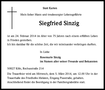 Anzeige von Siegfried Sinzig von Kölner Stadt-Anzeiger / Kölnische Rundschau / Express