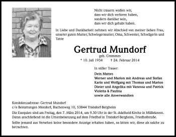 Anzeige von Gertrud Mundorf von Kölner Stadt-Anzeiger / Kölnische Rundschau / Express