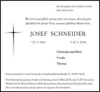 Anzeige von Josef Schneider von Kölner Stadt-Anzeiger / Kölnische Rundschau / Express