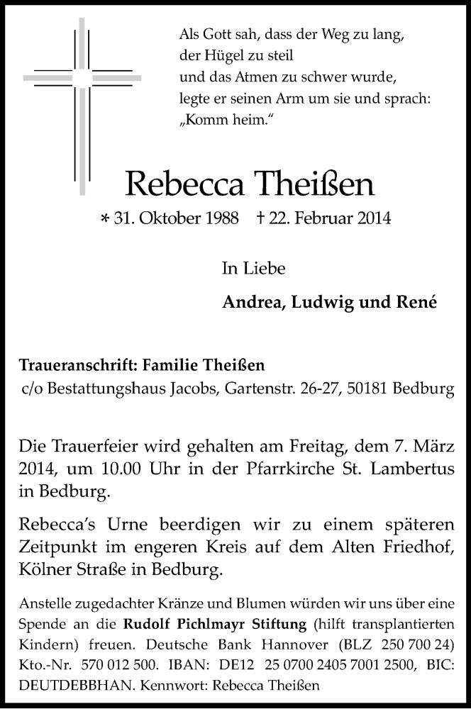  Traueranzeige für Rebecca Theißen vom 01.03.2014 aus Kölner Stadt-Anzeiger / Kölnische Rundschau / Express