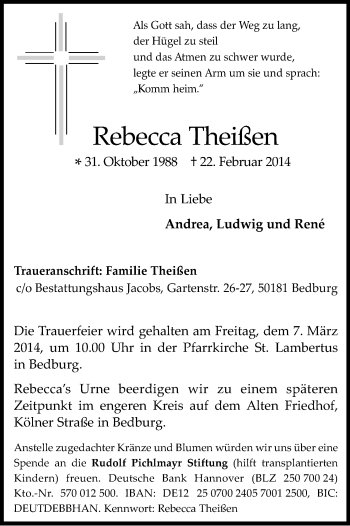 Anzeige von Rebecca Theißen von Kölner Stadt-Anzeiger / Kölnische Rundschau / Express