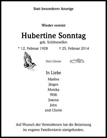 Anzeige von Hubertine Sonntag von Kölner Stadt-Anzeiger / Kölnische Rundschau / Express