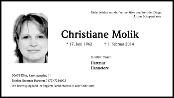 Anzeige von Christiane Molik von Kölner Stadt-Anzeiger / Kölnische Rundschau / Express