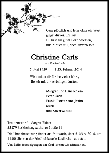Anzeige von Christine Carls von Kölner Stadt-Anzeiger / Kölnische Rundschau / Express