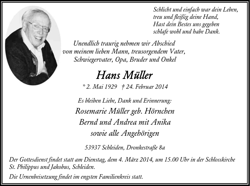  Traueranzeige für Hans Müller vom 27.02.2014 aus Kölner Stadt-Anzeiger / Kölnische Rundschau / Express
