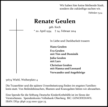 Anzeige von Renate Geulen von Kölner Stadt-Anzeiger / Kölnische Rundschau / Express