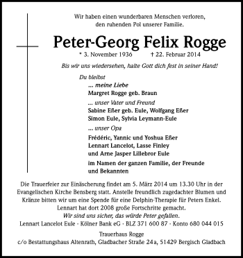 Anzeige von Peter-Georg Felix Rogge von Kölner Stadt-Anzeiger / Kölnische Rundschau / Express