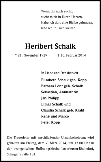 Anzeige von Heribert Schalk von Kölner Stadt-Anzeiger / Kölnische Rundschau / Express