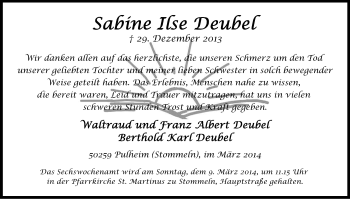 Anzeige von Sabine Ilse Deubel von Kölner Stadt-Anzeiger / Kölnische Rundschau / Express