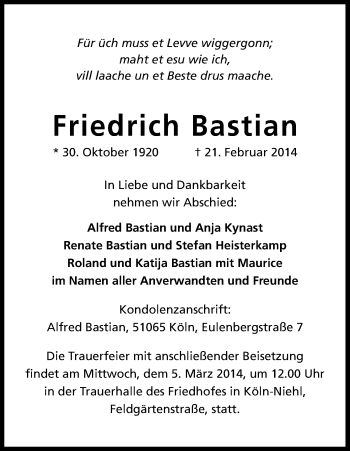 Anzeige von Friedrich Bastian von Kölner Stadt-Anzeiger / Kölnische Rundschau / Express