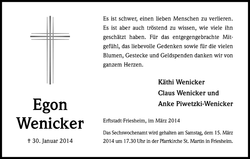  Traueranzeige für Egon Wenicker vom 07.03.2014 aus Kölner Stadt-Anzeiger / Kölnische Rundschau / Express