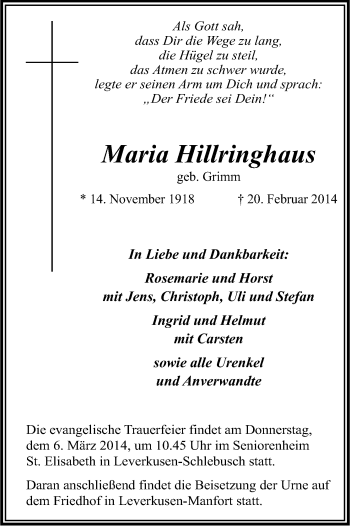 Anzeige von Maria Hillringhaus von Kölner Stadt-Anzeiger / Kölnische Rundschau / Express
