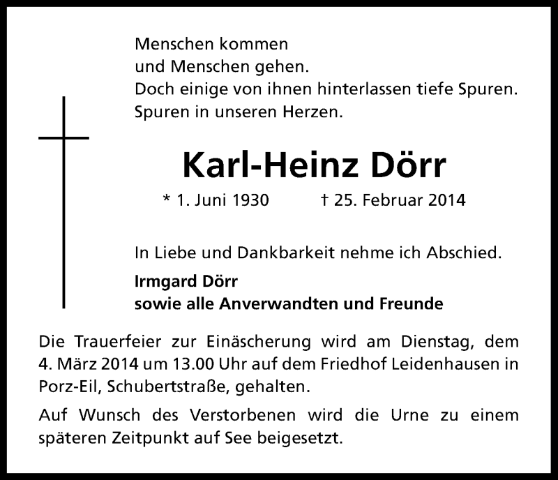  Traueranzeige für Karl-Heinz Dörr vom 27.02.2014 aus Kölner Stadt-Anzeiger / Kölnische Rundschau / Express