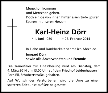 Anzeige von Karl-Heinz Dörr von Kölner Stadt-Anzeiger / Kölnische Rundschau / Express