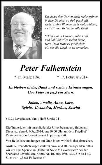 Anzeige von Peter Falkenstein von Kölner Stadt-Anzeiger / Kölnische Rundschau / Express