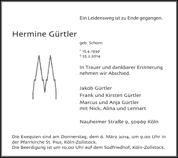 Anzeige von Hermine Gürtler von Kölner Stadt-Anzeiger / Kölnische Rundschau / Express