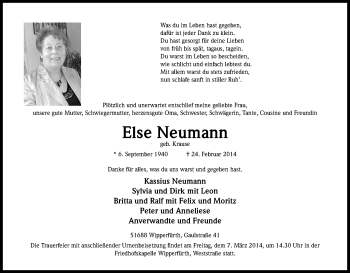 Anzeige von Else Neumann von Kölner Stadt-Anzeiger / Kölnische Rundschau / Express
