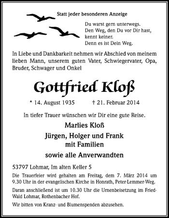 Anzeige von Gottfried Kloß von Kölner Stadt-Anzeiger / Kölnische Rundschau / Express