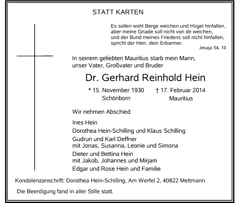  Traueranzeige für Gerhard Reinhold  Hein vom 01.03.2014 aus Kölner Stadt-Anzeiger / Kölnische Rundschau / Express