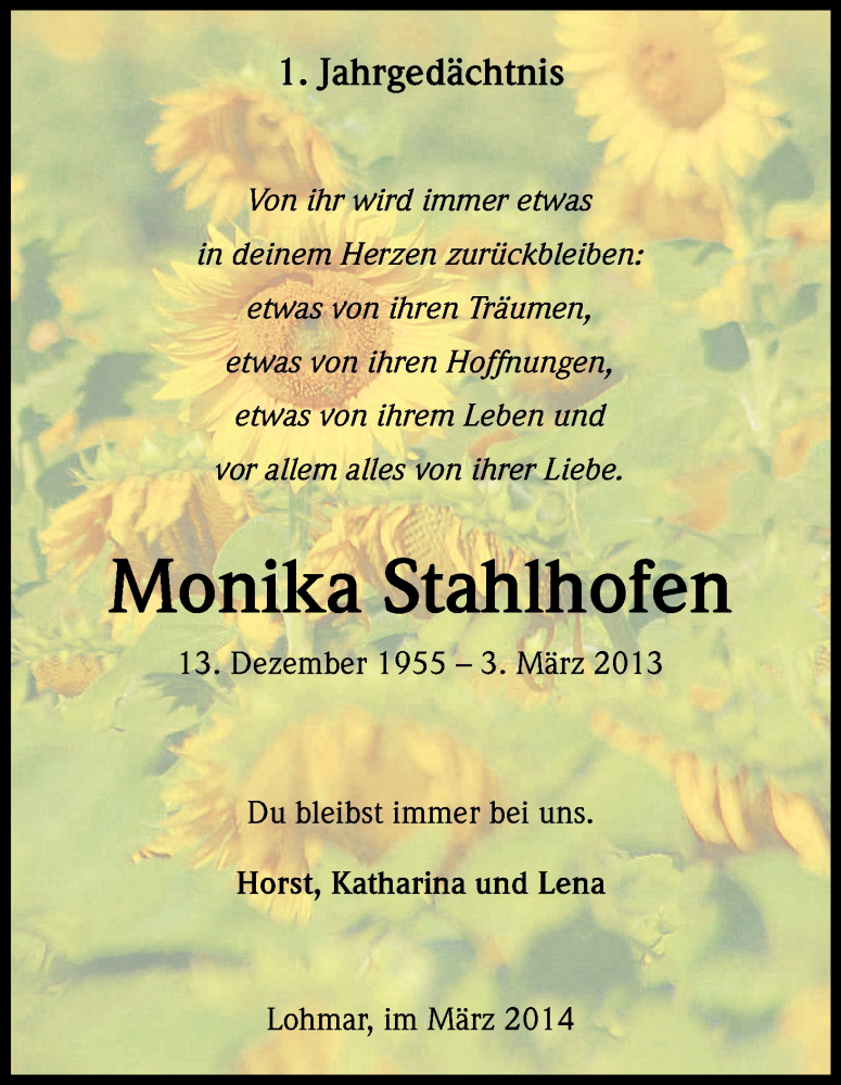  Traueranzeige für Monika Stahlhofen vom 03.03.2014 aus Kölner Stadt-Anzeiger / Kölnische Rundschau / Express