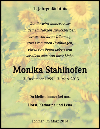 Anzeige von Monika Stahlhofen von Kölner Stadt-Anzeiger / Kölnische Rundschau / Express