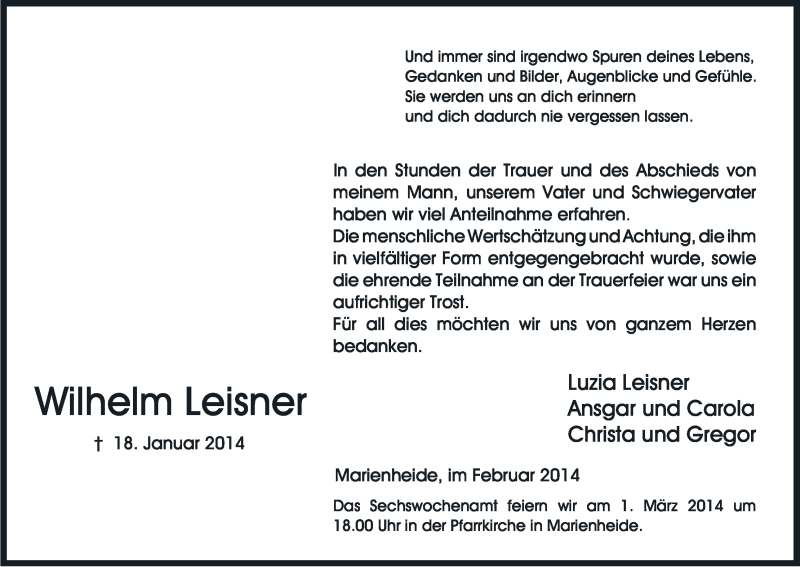  Traueranzeige für Wilhelm Leisner vom 27.02.2014 aus Kölner Stadt-Anzeiger / Kölnische Rundschau / Express