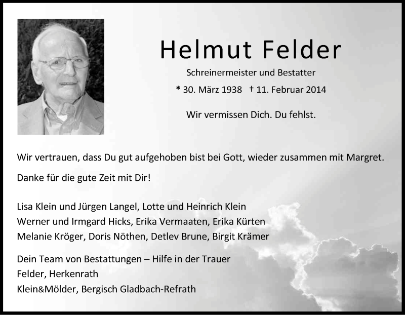  Traueranzeige für Helmut Felder vom 01.03.2014 aus Kölner Stadt-Anzeiger / Kölnische Rundschau / Express