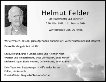 Anzeige von Helmut Felder von Kölner Stadt-Anzeiger / Kölnische Rundschau / Express