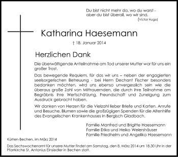 Anzeige von Katharina Haesemann von Kölner Stadt-Anzeiger / Kölnische Rundschau / Express