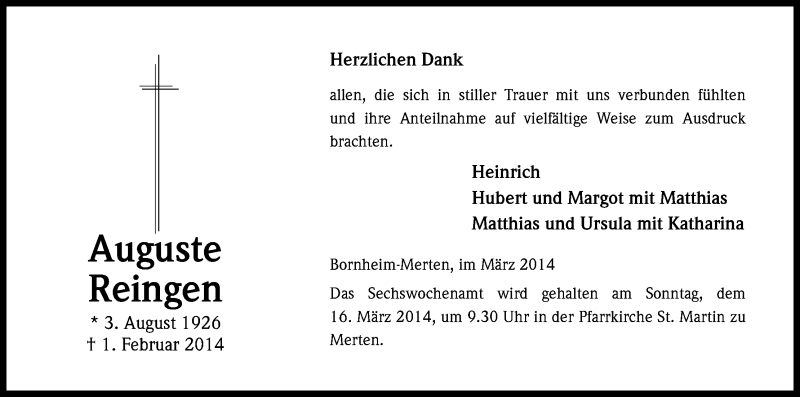  Traueranzeige für Auguste Reingen vom 08.03.2014 aus Kölner Stadt-Anzeiger / Kölnische Rundschau / Express