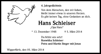 Anzeige von Hans Schleiser von Kölner Stadt-Anzeiger / Kölnische Rundschau / Express