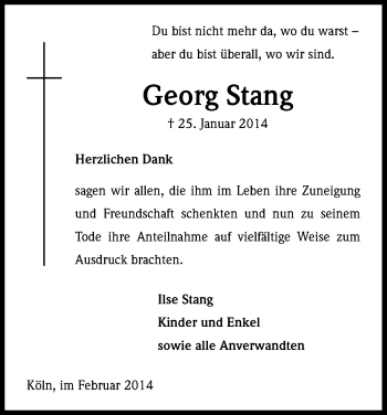 Anzeige von Georg Stang von Kölner Stadt-Anzeiger / Kölnische Rundschau / Express