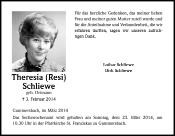 Anzeige von Theresia Schliewe von Kölner Stadt-Anzeiger / Kölnische Rundschau / Express