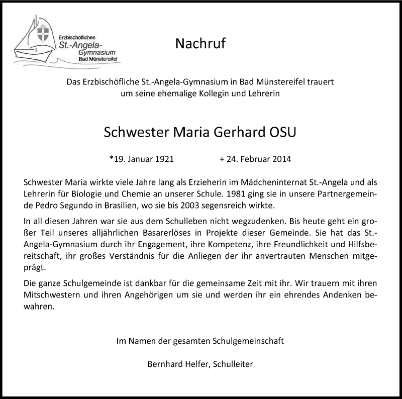  Traueranzeige für Maria Gerhard vom 01.03.2014 aus Kölner Stadt-Anzeiger / Kölnische Rundschau / Express