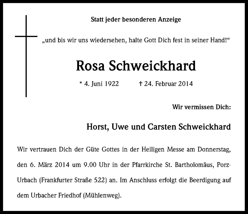  Traueranzeige für Rosa Schweickhard vom 01.03.2014 aus Kölner Stadt-Anzeiger / Kölnische Rundschau / Express