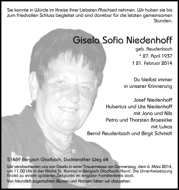 Anzeige von Gisela Sofia Niedenhoff von Kölner Stadt-Anzeiger / Kölnische Rundschau / Express