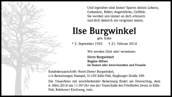Anzeige von Ilse Burgwinkel von Kölner Stadt-Anzeiger / Kölnische Rundschau / Express