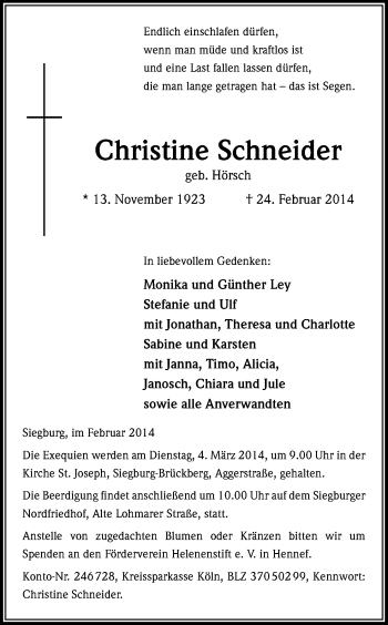 Anzeige von Christine Schneider von Kölner Stadt-Anzeiger / Kölnische Rundschau / Express